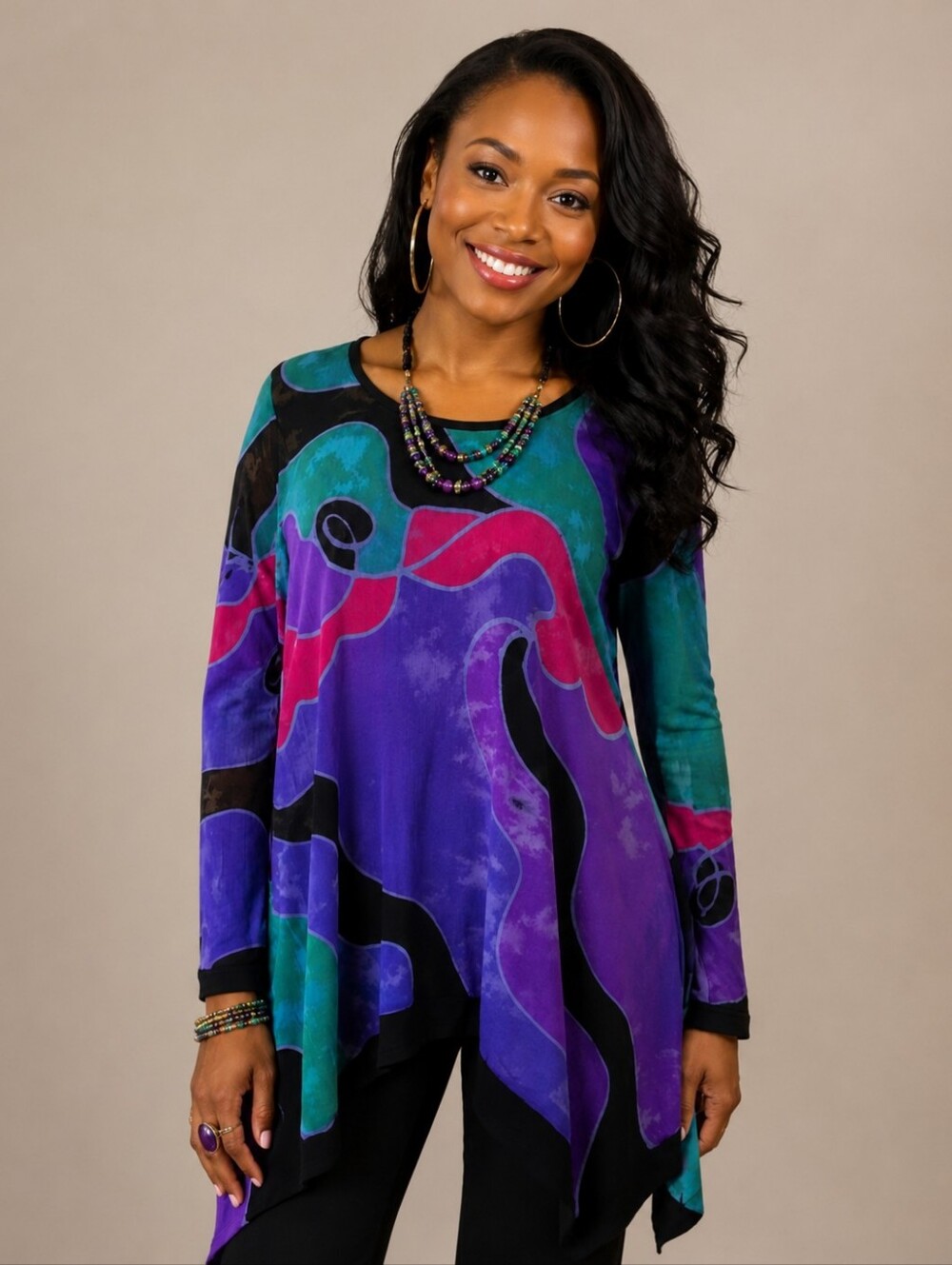 Mexicali Blues Cowl Neck Long Sleeve Hankerchief Hem Tunic. Size M